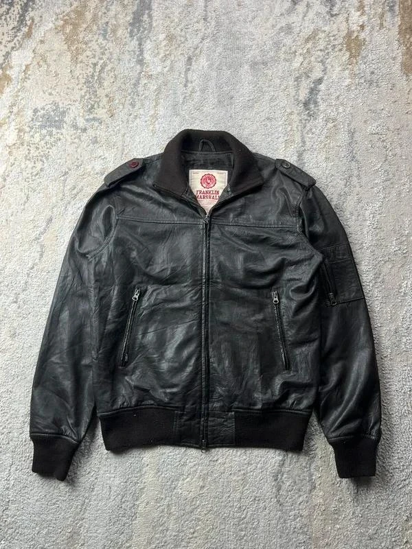 Vintage Franklin & Marshall Brown black leather Double Zip up bomber jacket Size